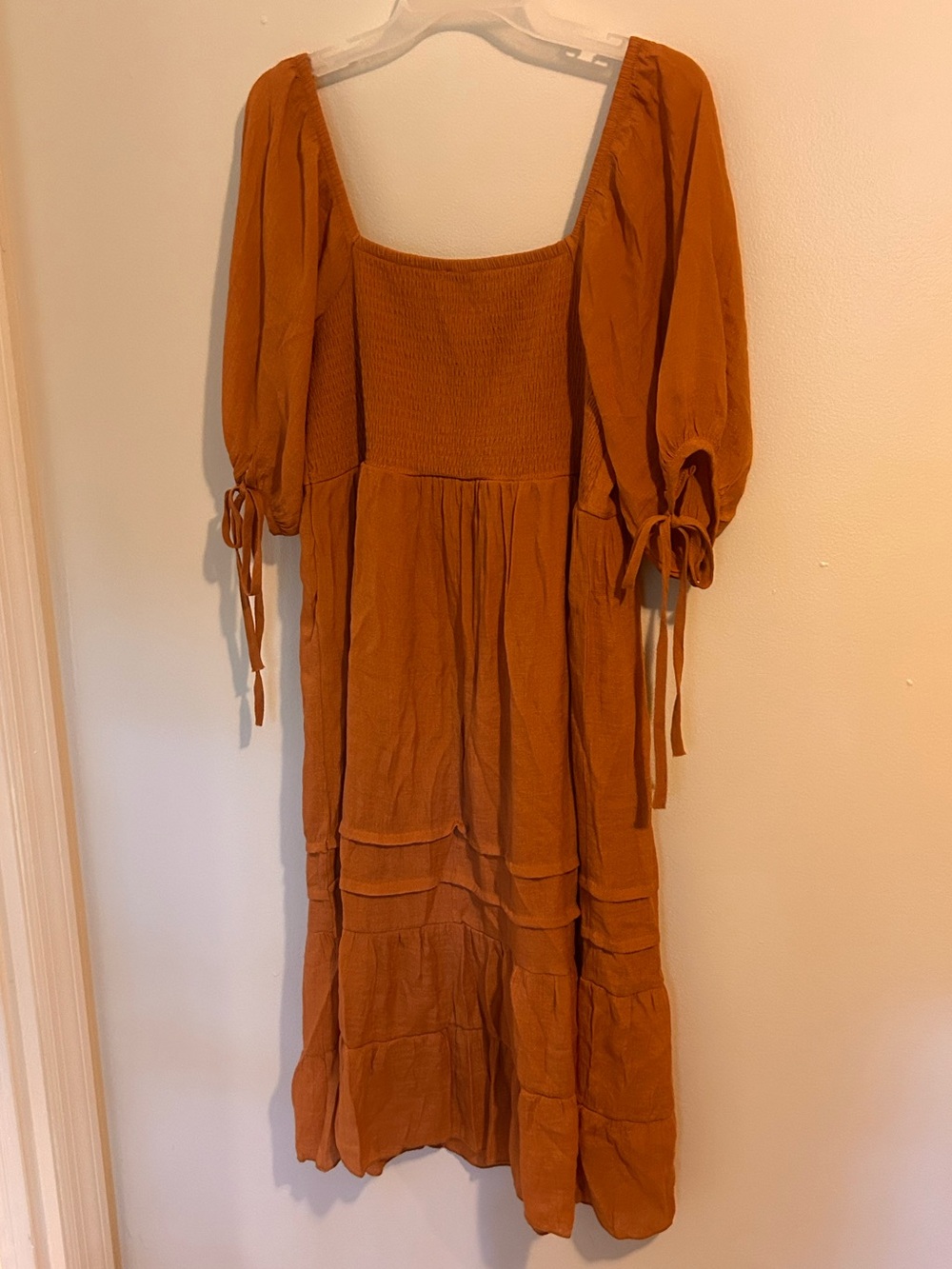 J Gee Terracotta Boho Tiered Ruffle Dress Boho Puff Sleeve Smocked Back Size PXL - Picture 5 of 7
